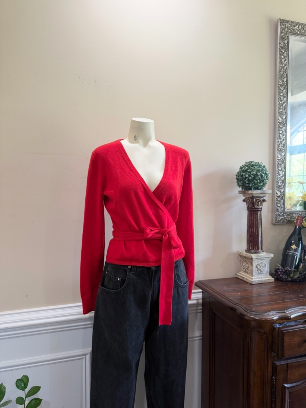 Diane Von Furstenberg Red Wrap Tie-Waist Sweater